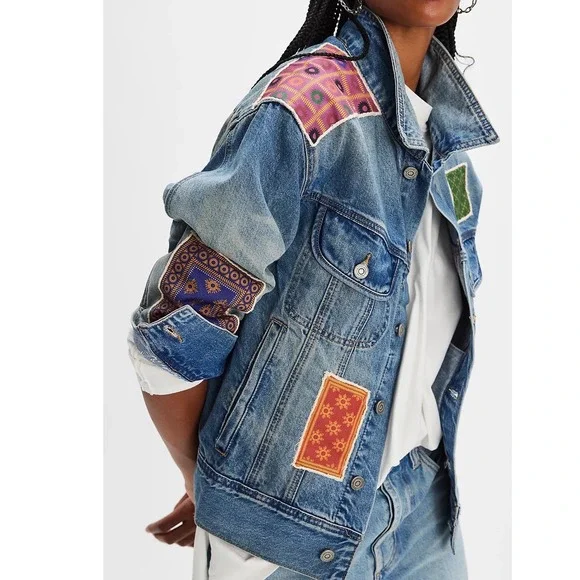 Free People X Found NWT Kantha Patchwork Denim Jean Jacket Size Large - Picture 2 of 13